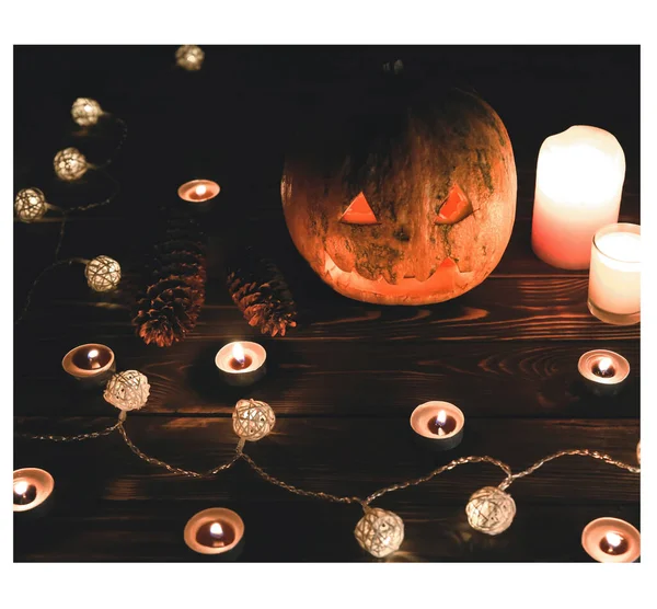 Halloween Pumpa Mörkret Lampor Och Ljus Mystisk Höstsemester Festliga Detaljer — Stockfoto