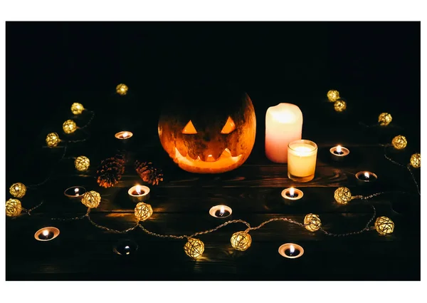 Halloween Pompoen Duisternis Lichten Lampen Kaarsen Mystieke Herfstvakantie Feestelijke Details — Stockfoto