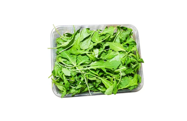 Salade Roquette Dans Boîte Plastique Isolée Sur Fond Blanc Ruccola — Photo