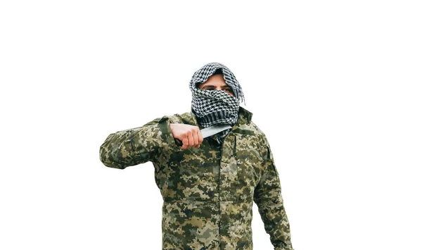 Soldato Isolato Sfondo Bianco Uomo Uniforme Mimetica Scacchi Keffiyeh Shemagh — Foto Stock