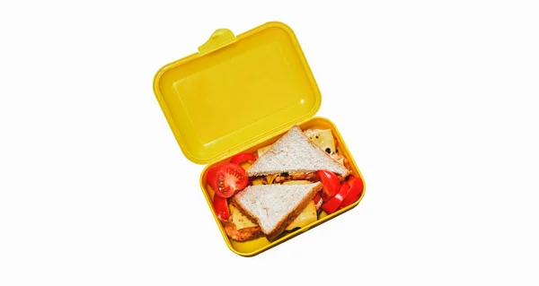 Caixa Almoço Com Sanduíches Saudáveis Isolados Fundo Branco Tomates Pão — Fotografia de Stock