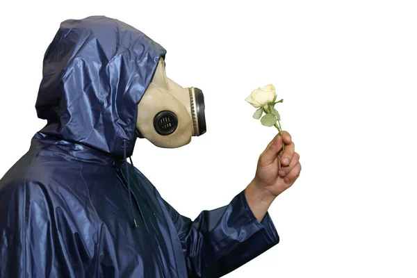 Homem Máscara Gás Segurando Flor Isolada Fundo Branco Influência Radiação — Fotografia de Stock