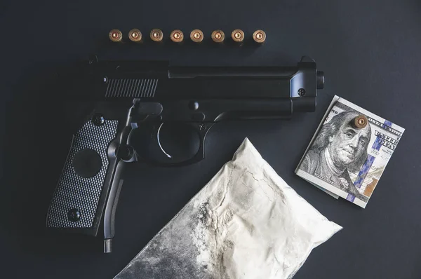 Gun Bullets Lying Table Criminal Problems Drugs Money Black Background — Stock Photo, Image