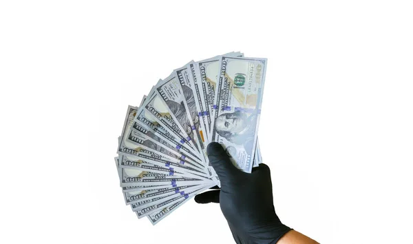 Människan Håller Dollarsedlar Handen Pengar Girig Värld Isolerad Vit Bakgrund — Stockfoto