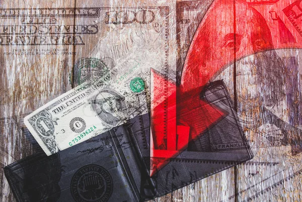 Ein Dollar Leerer Ledertasche Mit Rotem Pfeil Rückgang Des Wechselkurses — Stockfoto