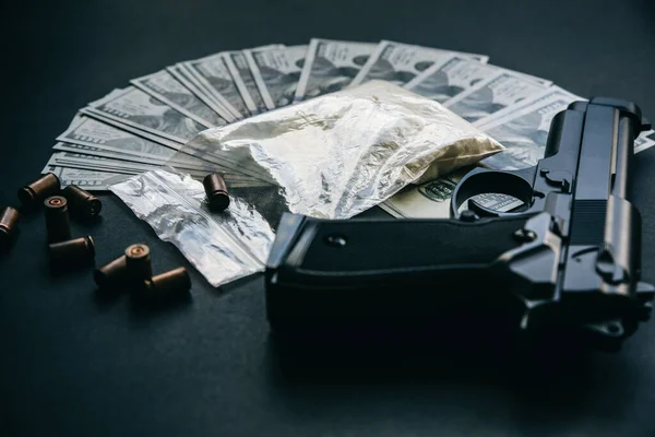 Gun Bullets Lying Table Criminal Problems Drugs Money Black Background — Stock Photo, Image