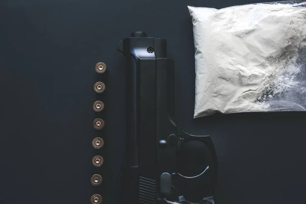 Gun Bullets Lying Table Criminal Problems Drugs Black Background Illegal — Stock Photo, Image