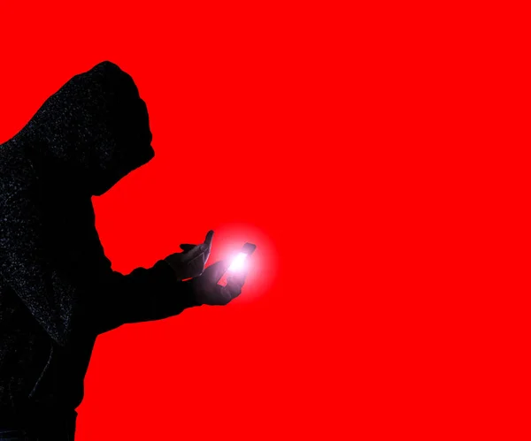 Man Hoodie Hacking Personal Data Red Background Information Security Fuck — Foto de Stock