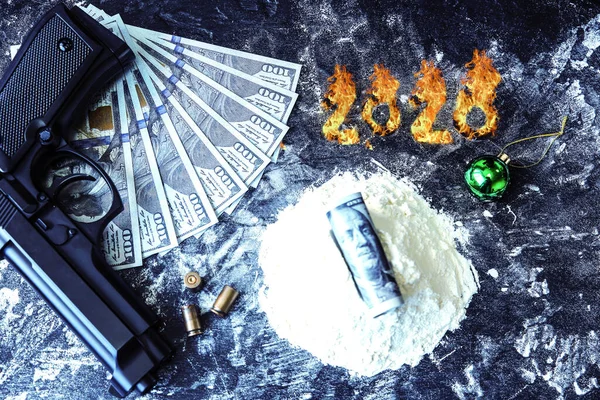 Kokain Med Dollarsedlar Nytt 2020 Knarklangare Farligt Vapen Begreppet Ohälsosamt — Stockfoto