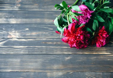 Ahşap arka planda güzel çiçekler. Şakayık buketi. Taç yapraklarıyla mükemmel bir düzlük. Annemin tatil kartpostalı kutlu olsun. Uluslararası Kadınlar Günü selamı. Reklam veya tanıtım için şık bir fikir.