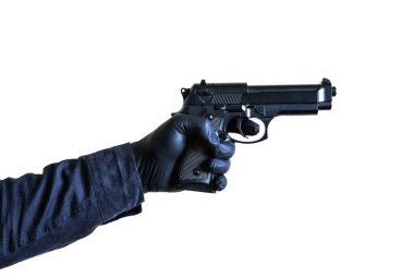 Siyah eldivenli adam silah tutuyor. Suçlu katil..