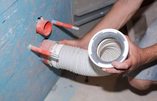 Toilet Bath Installation Plastic Tube Pipe Leak Montage Maintenance Repair — Stock Photo, Image