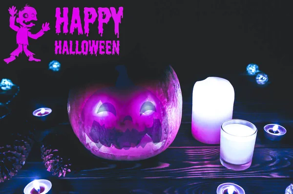 Halloween Pompoen Duisternis Lichten Lampen Kaarsen Mystieke Herfstvakantie Feestelijke Details — Stockfoto