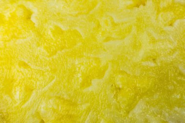 Ananas dokusu arka planı. Egzotik meyveler yakın fotoğraf, makro manzara. Sağlıklı yaşam tarzı yiyecekler. Güzel duvar kağıdı. Vejetaryen ve vejetaryen kavramı. Doğadan gelen vitaminler.