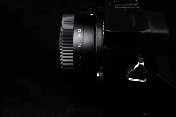 Lviv Ukraine March 2021 Black Modern Camera Panasonic Lumix Lens — Stock Photo, Image