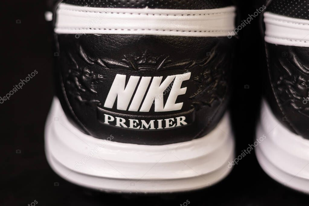 KYIV, UKRAINE - October 18, 2025 : Nike Premier III TF. Turf Low-Top Soccer Shoes. Black and white leather boots.