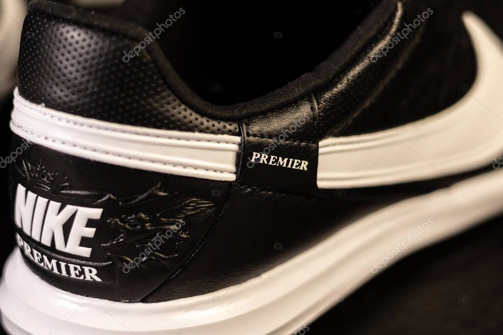 KYIV, UKRAINE - October 18, 2025 : Nike Premier III TF. Turf Low-Top Soccer Shoes. Black and white leather boots.