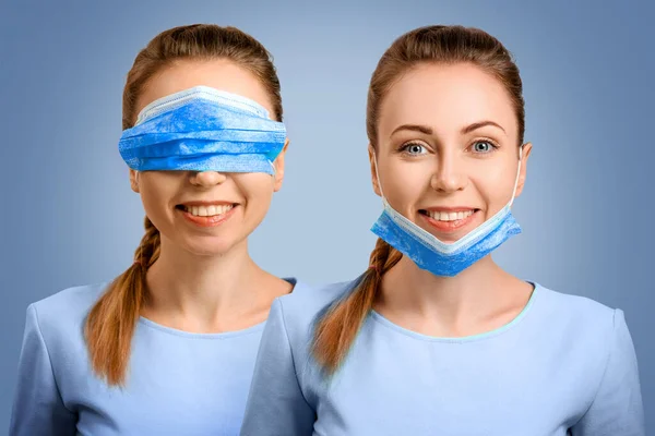 Máscara Protectora Sobre Muchacha Pone Incorrectamente Una Enfermera Enmascarada Equivoca — Foto de Stock