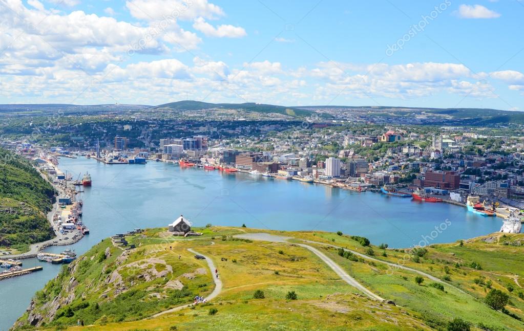 St John's Harbour in Newfoundland Canada. Super wide panoramic view, Warm summer day in August