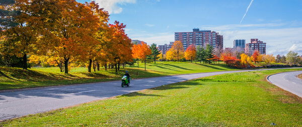 Ottawa along the riverside parkway - winding paved roads make for an outing in autumn afternoon sun.