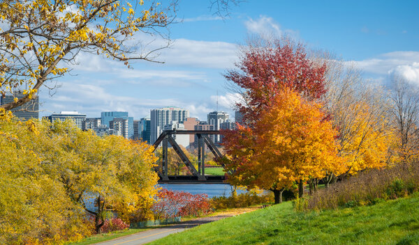 Prince of Wales railway bridge & Ottawa River & Capitol city skyline.