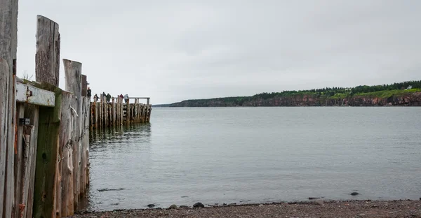 People fishing at the end of a dock in Springtime. Nova Scotia coastline in June. — Stock Photo, Image