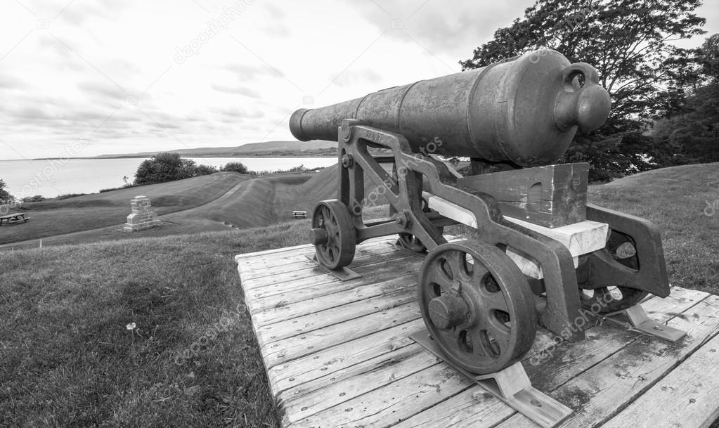 Historic defence, cannons, now relics of the past, sit on their mounts.