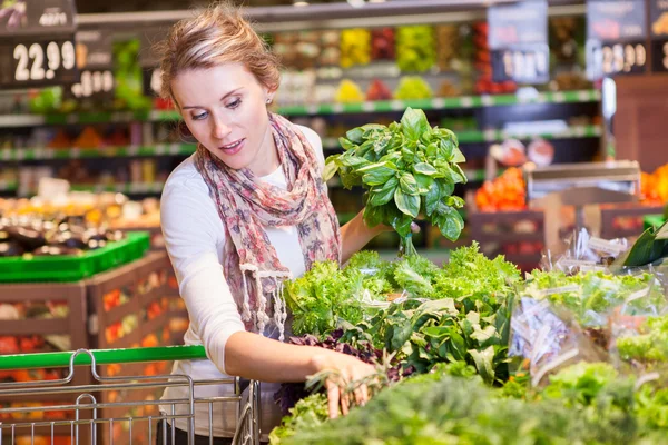 Retrato de una hermosa mujer joven eligiendo verduras de hoja verde — Foto de Stock