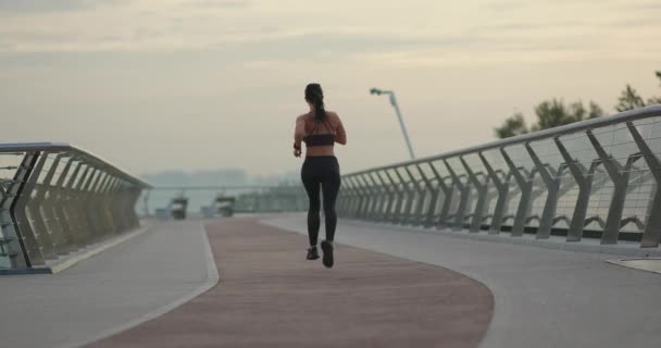 Spor giyim sektöründe formda bir kadın. Akşamki spor salonunda modern köprüde koşuyor. — Stok video