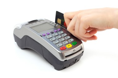 Banka terminal ve üzerinde beyaz izole el