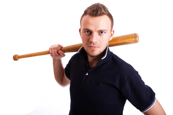 Mão homem irritado segurando bastão de beisebol isolado no branco . — Fotografia de Stock