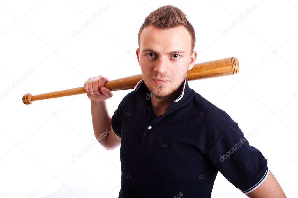 Angry man hand holding baseball bat isolated on white. 