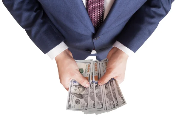 Homem conta dinheiro em mãos dólar EUA — Fotografia de Stock