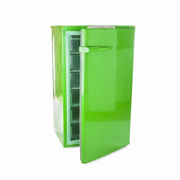 Green retro refrigerator, open doors, green inside, isolated on white