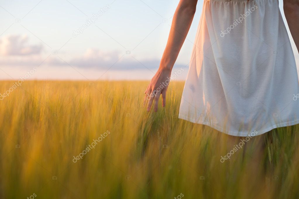 woman touching wheat ear in wheat field