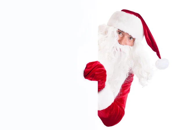 Glücklicher Weihnachtsmann mit leerem Plakatbanner — Stockfoto