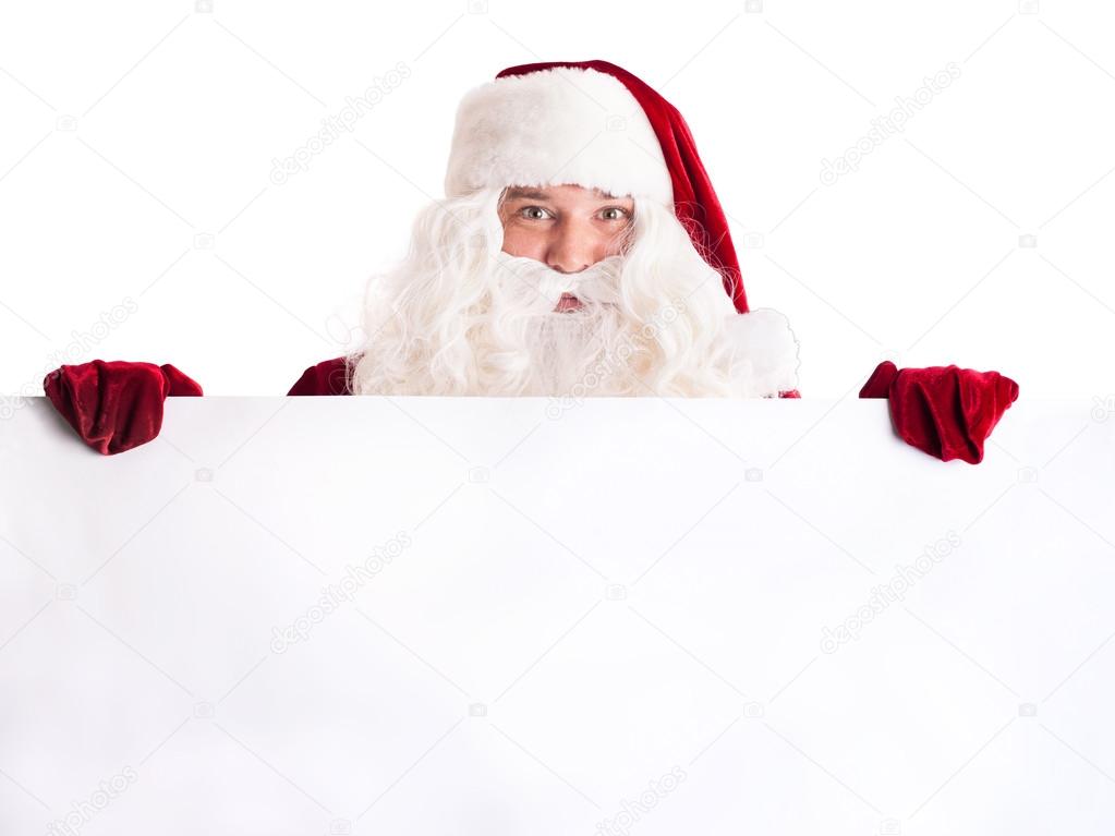 Santa Claus pointing in white blank sign 