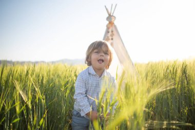 Çocuk doğada piknik, çadır ve oyuncak ayıyla oynuyor.