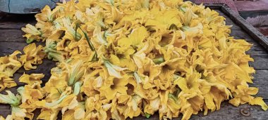 Bir sürü sarı balkabağı çiçeği 