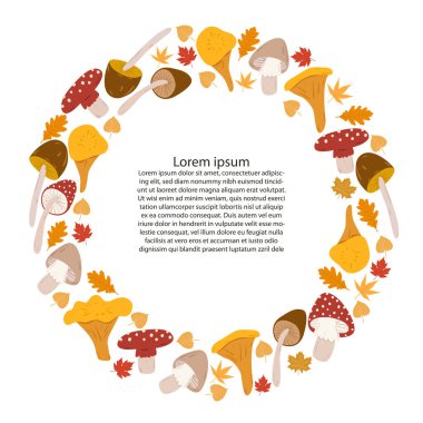 Düz vektör karikatür sonbahar yuvarlak çerçevesi farklı mantar ve düşmüş yapraklar dizaynı ile. Broşürler, davetiyeler, sonbahar fuarları ve festivaller için tasarım.