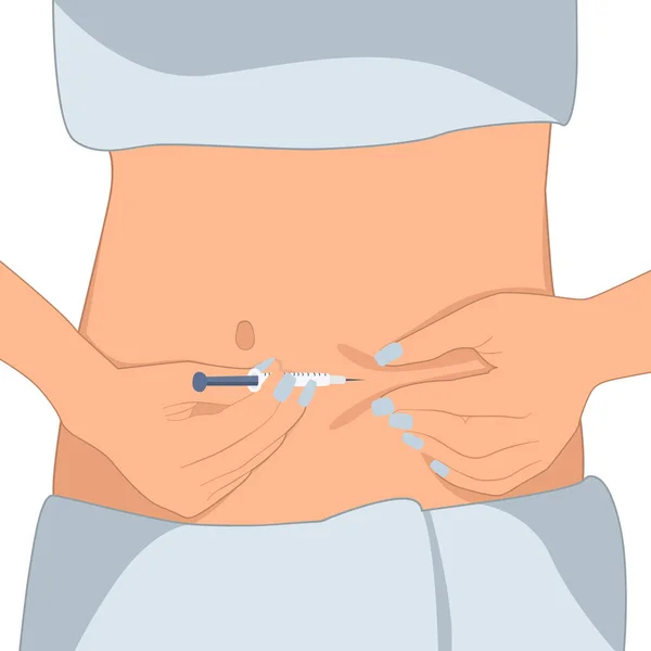 用注射器在胃部打针的平面矢量图解 腹腔注射可用来治疗糖尿病或准备体外受精 排卵刺激 — 图库矢量图片