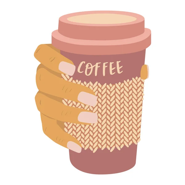 Platte Vector Cartoon Illustratie Van Een Hand Met Een Afhaalkoffie — Stockvector