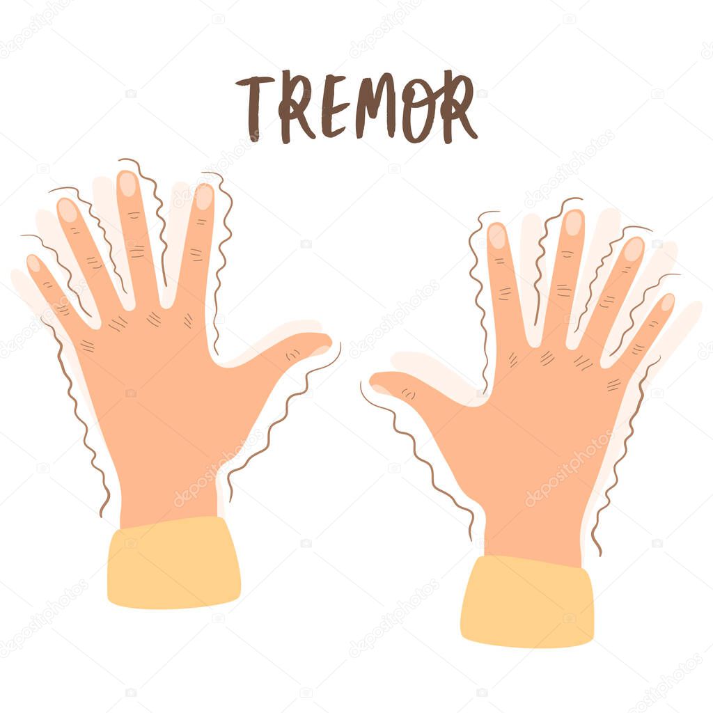 Flat vector illustration of a tremor. Trembling in the hands-symptoms of various mental disorders, panic, fear, Parkinson's disease. Isolated design on a white background.