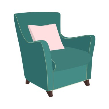  Klasik koyu yeşil koltuklu pembe yastıklı düz vektör çizimi. Beyaz arkaplan