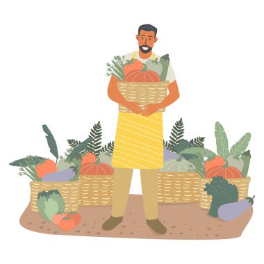 Bir erkek çiftçinin elinde sepet dolusu sebzeyle toplanan sebzelerin yanında duran düz vektör çizimi. Çiftçilik, bahçıvanlık ve tarım hobisi kavramı