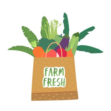 Düz vektör karikatür çizimi. İçinde bir sürü taze sebze ve taze yazıtlar olan bir kese kağıdı. Ekolojik paketlemedeki organik ürünler kavramı.