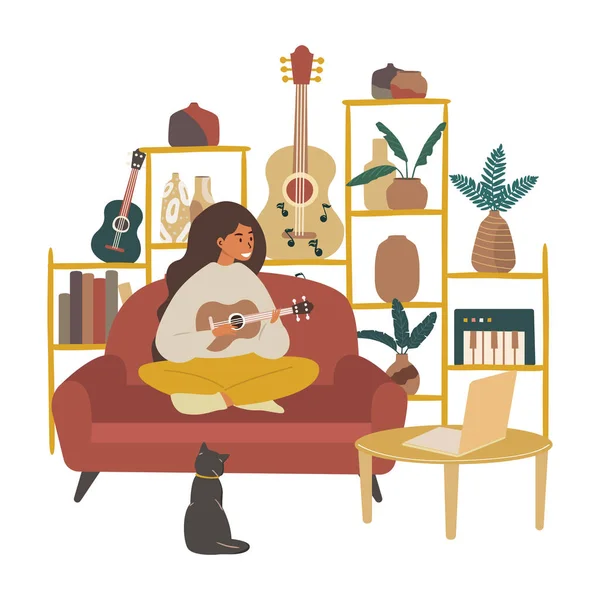 Dizüstü bilgisayara bakıp ukulele çalan bir kızın düz vektör çizimi. Müzikle uzaktan öğrenme kavramı, online kurslar