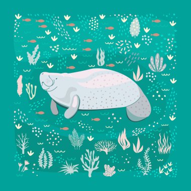 Bir deniz ayısının düz vektör karikatür çizimi. Komik okyanus canavarı. Tişört tasarımı, davetiyeler, kartpostallar, çocuk kitabı için deniz hayatı çizimi