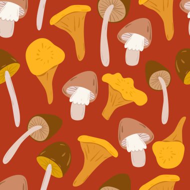 Yenilemez ve yenilemez mantarların kusursuz vektör deseni. Mantarlar, mantarlar, mantarlar, mantarlar, mantarlar, sineklikler. Koyu kahverengi arkaplanda düz vektör çizimi