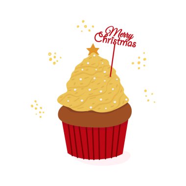 Bir noel pastasının düz vektör çizimi, bir yıldızlı Noel ağacı şeklinde krema ve yazıtlı bir şiş Noel ile evlenir.